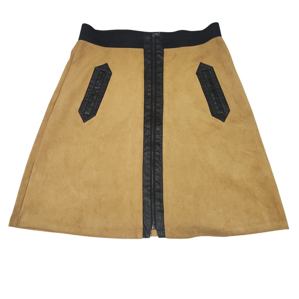 Eci Brown & Black Faux Suede A-Line Skirt With Faux Leather Pockets Size M